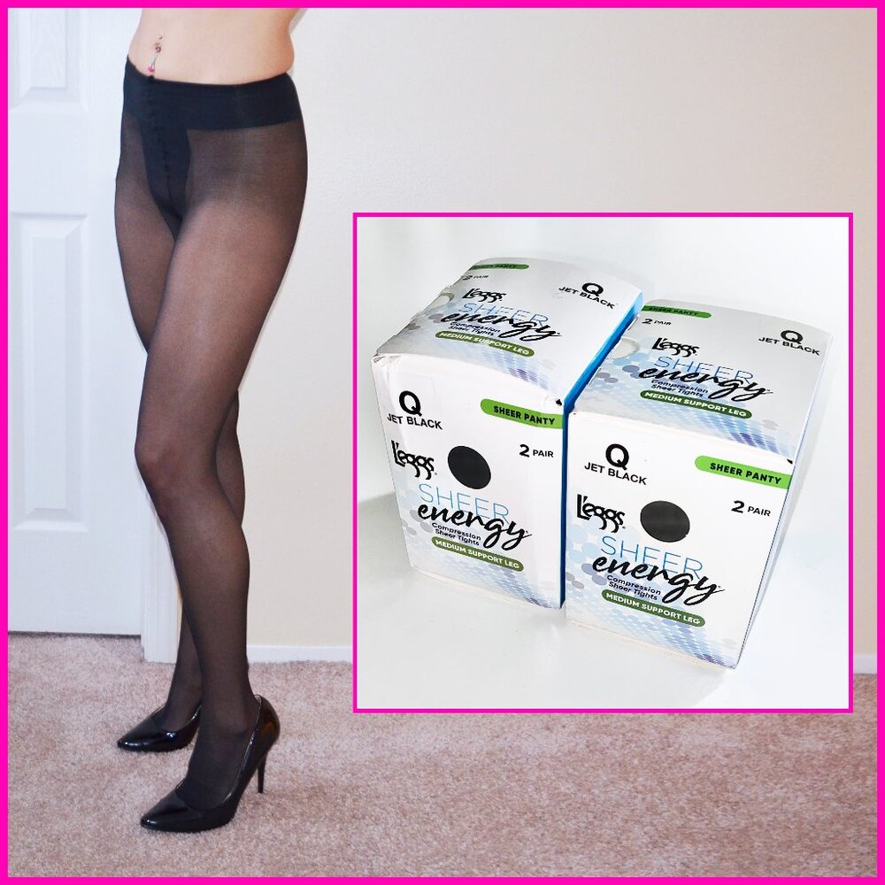 4 NEW L'EGGS "SHEER ENERGY" SZ Q JET BLACK SHEER TO WAIST PANTYHOSE